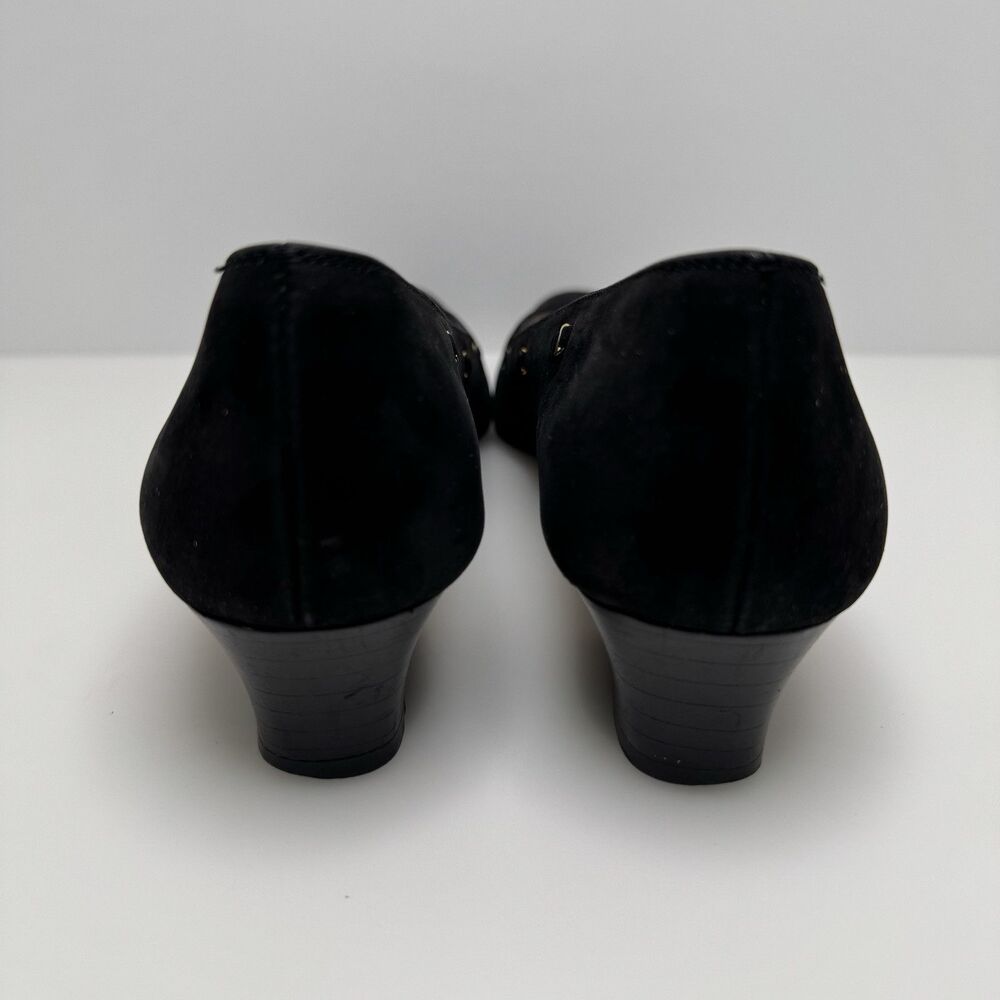 SALVATORE FERRAGAMO Black Nubuck Gold Hardware Pump Heels Size 7 AAAA 4A Narrow - Picture 7 of 12